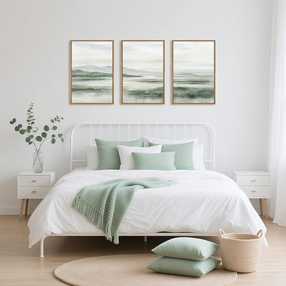 HOURIA Large Watercolor Misty Green Mountain Framed Canvas Wall Art,Neutral Brush Stroke Wall Decor,Modern Landscape Artwork,Nature Minimalist Art Print for Living Room,Bedroom,Office-24 x36 x3