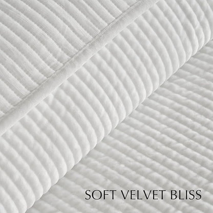 EVERGRACE Velvet Quilt Set King Size, Luxurious Soft Quilted Bedding Sets, Lightweight Velvet Comforter for All Season, Striped Channel Bedspread Coverlet with 2 Shams, Bright White