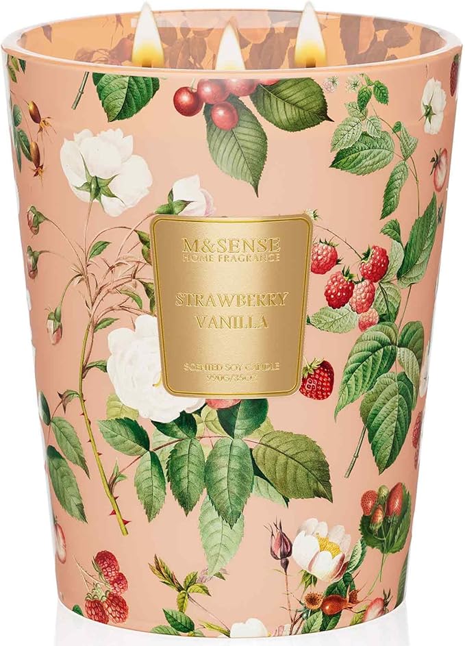 M&SENSE Extra Large Candle Strawberry Vanilla Scented, 3-Wick 35oz 150H Long Lasting, Natural Soy Aromatherapy Fall Winter Candle for Stress Relief, Festival Gifts for Home Decor