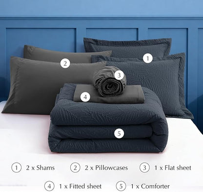 Geniospin King Size Comforter Set - 7 Pieces Blue Gray Textured King Bedding Sets with Comforter, Sheets, Pillowcases & Shams，All Season Blue Gray Bedding