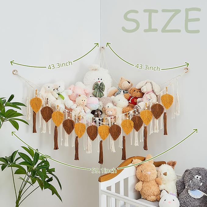 Pretty Jolly Stuffed Animal Storage with Hand Woven Leaf Tassels Hammock Corner Hanging Net Boho Macrame Plush Storage for Kid Room Nursery Decor Wall Display for Girls Gift(Dark Yellow&Caramel)