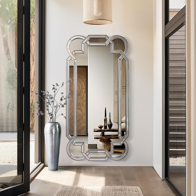 Howard Elliott Aleena Silver Oversized Full Length Mirror for Wall, Tall Rectangle Wall Hanging Mirrors with Arch Curves, Intersecting Lines & Beveled Glass for Bedroom & Living Room, 80 x 40 Inch