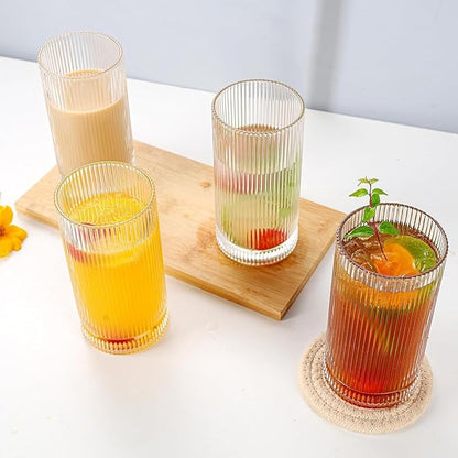 Striped Glass Cups Set of 4b12.5oz Textured Drinking Glasses Durable Thick Glassware for Juice Iced Tea & Smoothies