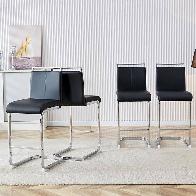 Bar Stools Set of 6,25" Counter Height Bar Stools with Footrest,Black Faux Leather Kitchen Stool with Chrome Plated Metal Leg,Counter Height Stool Ideal for Island Pub Kitchen Counter Dining Chair