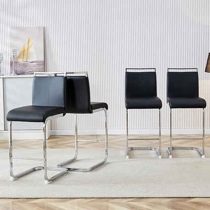 Bar Stools Set of 6,25" Counter Height Bar Stools with Footrest,Black Faux Leather Kitchen Stool with Chrome Plated Metal Leg,Counter Height Stool Ideal for Island Pub Kitchen Counter Dining Chair