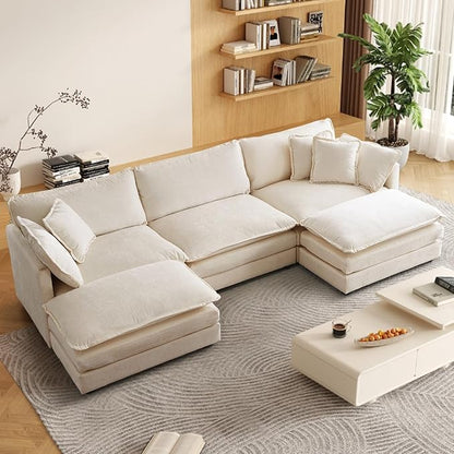SoarFlash Chenille Sectional Sofa, Comfy L Shaped Modular Coush Sofa with Ottoman, Modern 3 Seat Couch Deep Seat Sofa Set for Living Room,Light Coffee
