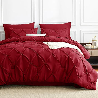 CozyLux Full Size Comforter Sets Dark Red, 7 Pieces Pintuck Bed in A Bag Red Comforter Full Size, Pinch Pleat Bedding Sets with All Season Comforter, Sheets, Pillowcases & Shams