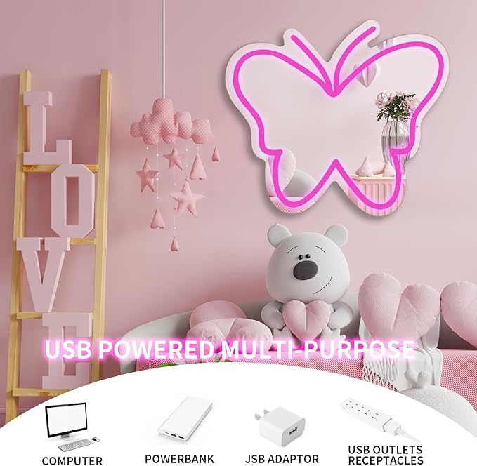 Butterfly Mirror Neon Sign Dimmable USB LED Neon Lights for Ideal Home Decor for Bedroom, Kidsroom, Living Room Parties, Christmas Birthdays Gifts for Girls Women, Boho Mirror Wall Sign Art Gift-pink
