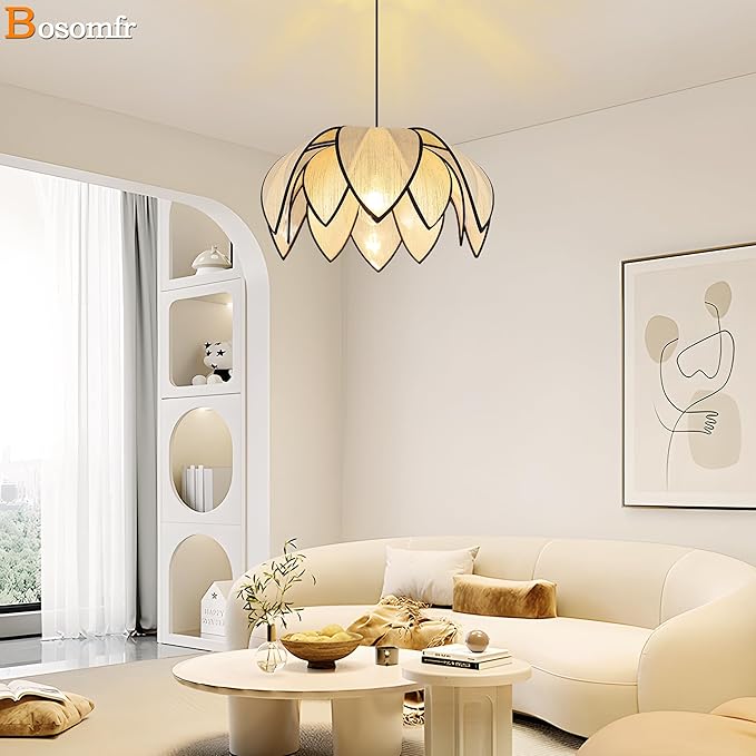 21.6" Boho Petal-Shaped Chandelier Light Fixture, Farmhouse Chandeliers for Dining Room Hand Woven Flower Pendant Light, Coastal Hanging Pendant Light for Kitchen Island Bedroom Living Room