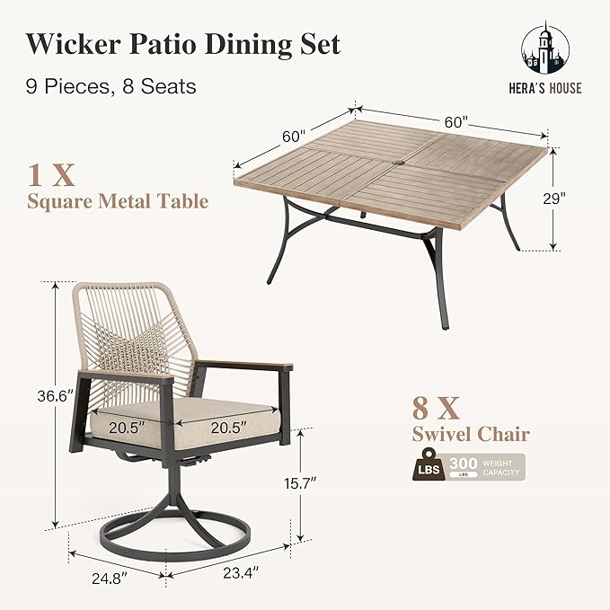 HERA'S HOUSE 9 Pieces Outdoor Dining Set, Patio Table and Chairs Set for 8, 8 x Rattan Swivel Chairs and 1 x 60 Square Dining Table, Patio Dining Set for Lawn Garden Backyard Porch