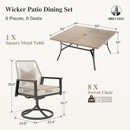 HERA'S HOUSE 9 Pieces Outdoor Dining Set, Patio Table and Chairs Set for 8, 8 x Rattan Swivel Chairs and 1 x 60 Square Dining Table, Patio Dining Set for Lawn Garden Backyard Porch