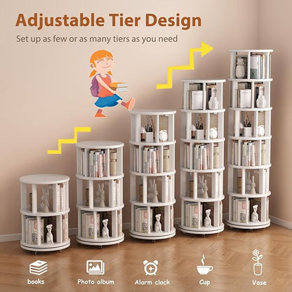 Solid Wood Rotating Bookshelf on Wheels, 6 Tier, Round Revolving Bookcase, 360° Spinning Book Shelf Tower for Kids, Narrow Rolling Bookshelves for Small Space, Corner, Bedroom, Office, White