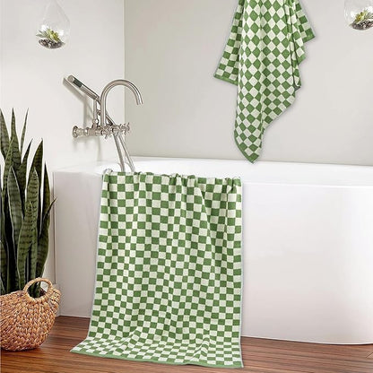 Jacquotha Bath Towels Set of 2  Luxury Cotton Bathroom Shower Towels Body 55” x 27.5” Absorbent Quick Dry, Green Checkered