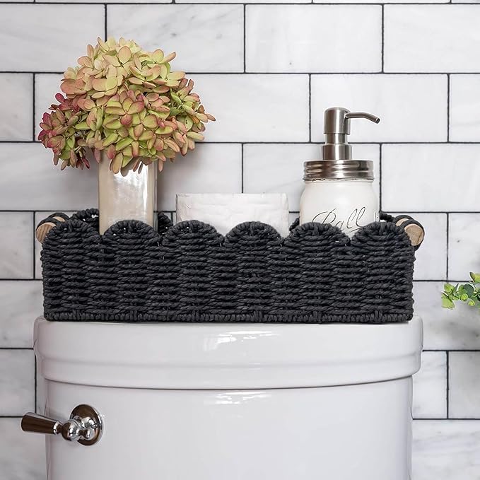 CubesLand Toilet Paper Storage Basket Scalloped Edge Home Decor Basket, Living Room Cozy Decor, Paper Rope Small Baskets for Over Toilet Storage Shelf, Shelves, with 2 Wooden Handles, Black