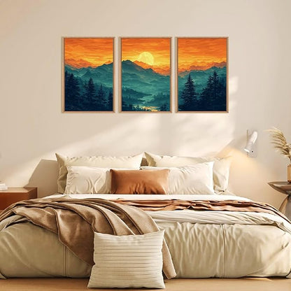 HOURIA Large Sunrise Mountain Forest Landscape Framed Canvas Wall Art Set,Orange Sky Green Ridge Wall Decor,Nature Pine Tree Artwork,Boho Watercolor Art Print for Living Room, Bedroom- 24"x36"x3