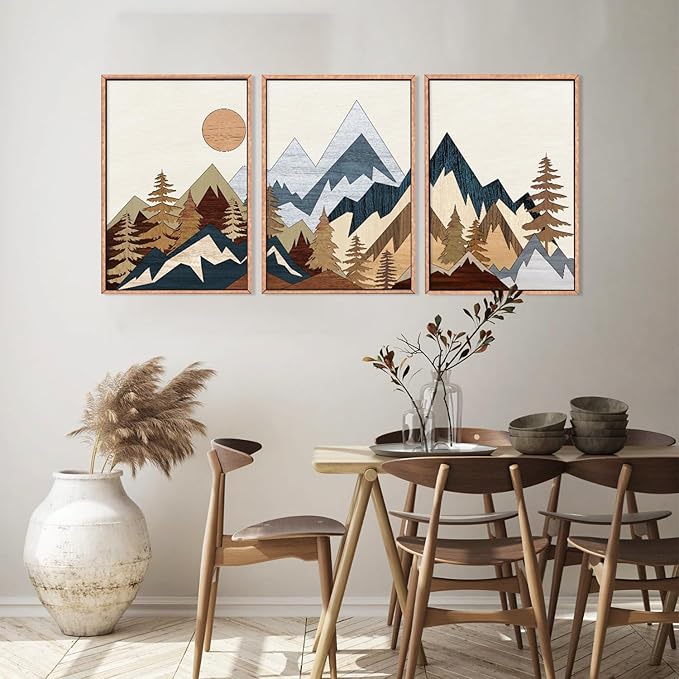 HOURIA Mid Century Mountain Woodland Framed Wall Art Set,Boho Sunrise Pine Tree Wall Decor,Wilderness Nature Forest Artwork,Modern Woodcut Field Art Print for Living Room,Bedroom,Office- 24"x36"x3