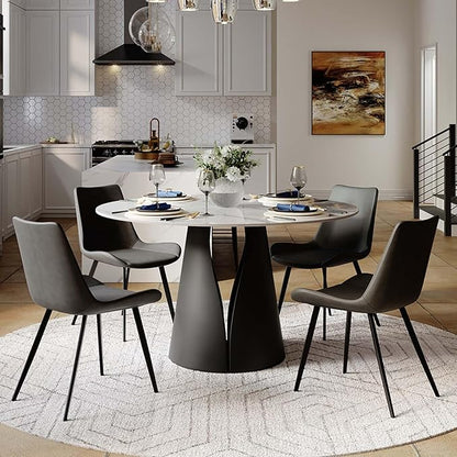 POVISON Round Dining Table for 4, 47'' Modern Dining Table Marble Round, Glossy White Sintered Stone Dining Tabletop with Solid Black Carbon Steel Base, Circle Kitchen Table (Table Only)