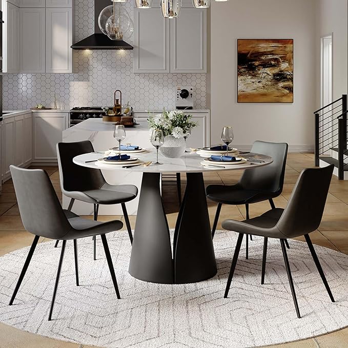POVISON Round Dining Table for 4, Modern Dining Table 51'', Glossy White Sintered Stone Dining Tabletop with Solid Black Carbon Steel Base, Circle Kitchen Table for Dining Room (Table Only)