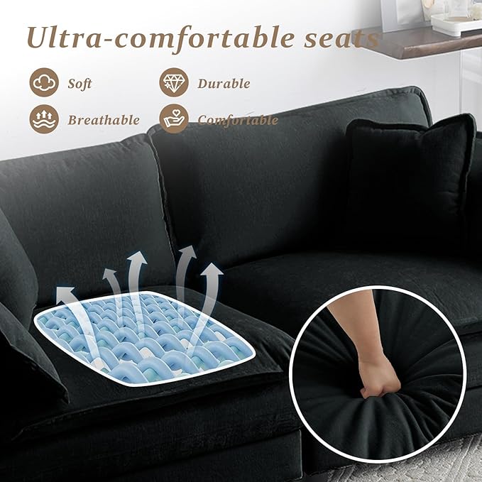 SoarFlash Chenille Sectional Sofa, Comfy Modular Loveseat Sofa, Modern 2-Seat Couch Deep Seat Sofa Set for Living Room,Black