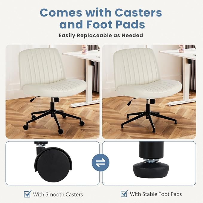 DUMOS Criss Cross Chair with Wheels, Wide Cross Legged Desk Vanity Chairs, Faux Leather Armless Adjustable Swivel Chairs for Home Computer Task, Beige