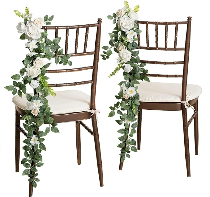 Ling's Moment 10pcs Wedding Chair Decorations Aisle Floral Swag Artificial Pew Flowers Hanging Garland White & Sage Green For Ceremony Reception Church Rose Floral Faux Arrangement Party Outdoor Decor