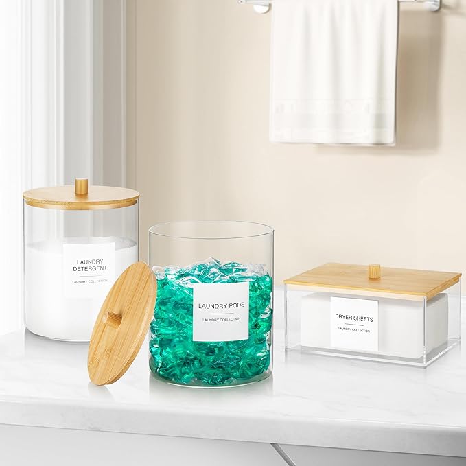 Glass Jars and Acrylic Dryer Sheet Holder, Laundry Pods Container with Bamboo Lid and 27 Labels, Powder Detergent Containers for Laundry Room Organization, Storage Jars Set (3 Pack)