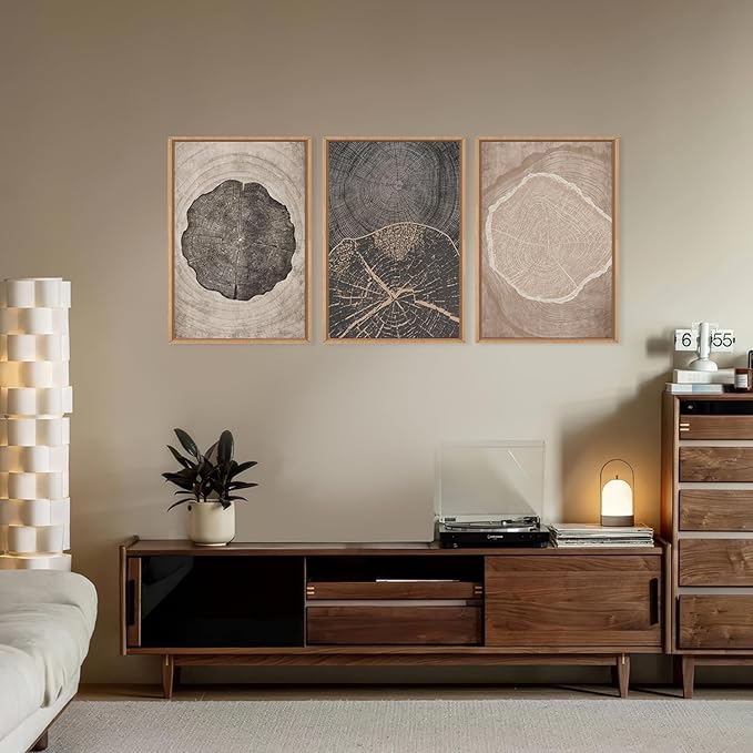 HOURIA Neutral Brown Tree Rings Framed Canvas Wall Art Set,Modern Beige Tan Wood Stump Wall Decor,Vintage Abstract Tree Spiral Art Print,Nature Black Artwork for Living Room,Bedroom,Office- 24"x36"x3
