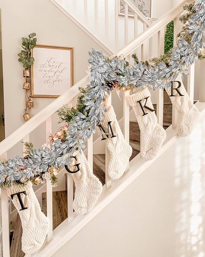 3 Pcs 6FT Christmas Garland Silver Glittered Artificial Magnolia Leaves for Mantle Christmas Tree Decorations Indoor Outdoor Hanging Garland Ornaments Garden Door Wall Window Stair Holiday Home Decor
