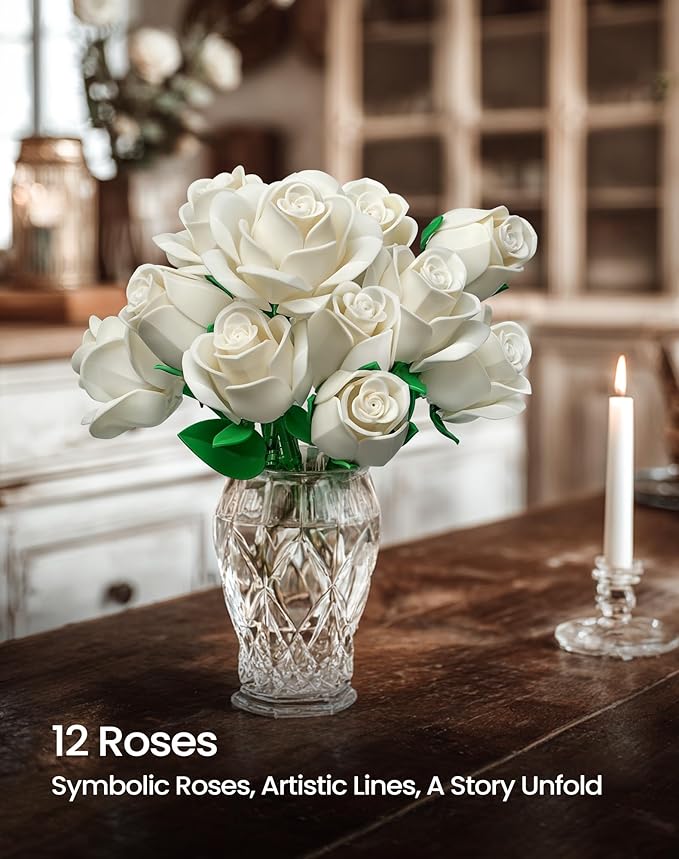 iATOM White Rose Bouquet Building Set, Compatible with Lego Flowers for Adults Women, Artificial Wedding Flowers Home Decor - Botanical Collection Gift for Valentines & Mother's Day - IA11013