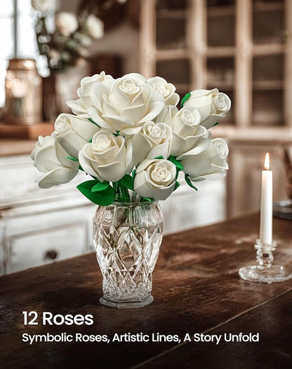 iATOM White Rose Bouquet Building Set, Compatible with Lego Flowers for Adults Women, Artificial Wedding Flowers Home Decor - Botanical Collection Gift for Valentines & Mother's Day - IA11013