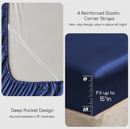 MR&HM Satin Bed Sheets, Twin Size Sheets Set, 3 Pcs Silky Bedding Set with 15 Inches Deep Pocket for Mattress (Twin, Navy Blue)