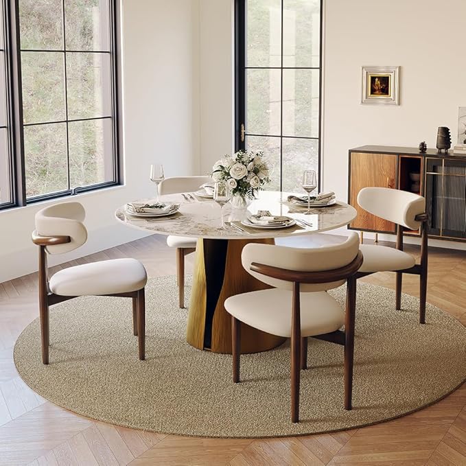 POVISON 47" Round Dining Table for 4, Modern Dining Table,Pandora Sintered Stone Dining Tabletop with Bronze Carbon Steel Pedestal for Dining Room (Dining Room Table Only)