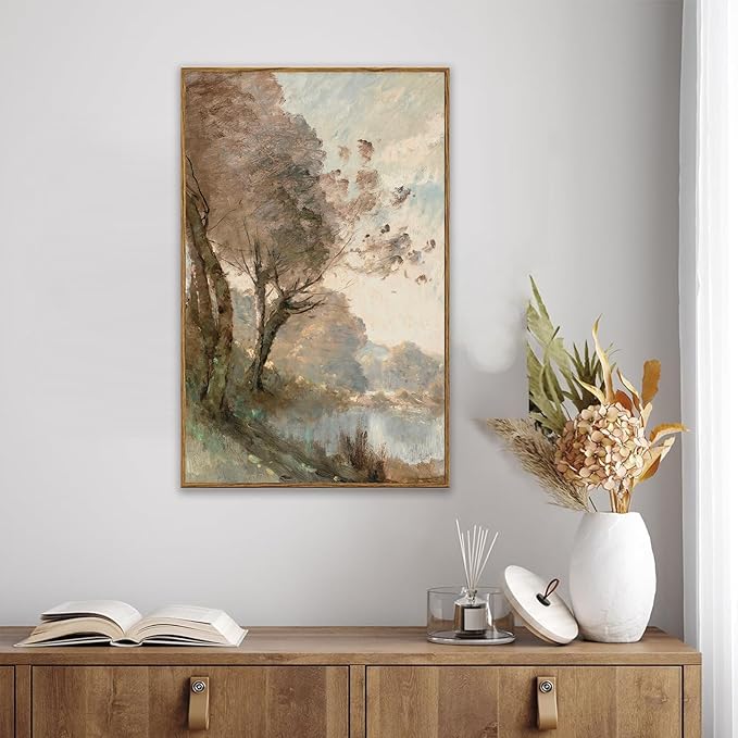 KBKBART Framed Canvas Wall Art Vintage Southwest Decor, Retro Neutral Landscape Riverside Botanical Art Prints Painting, Rustic Farmhouse Wall Decor Ready To Hang for Bedroom, Bathroom, Living Room,