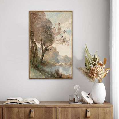 KBKBART Framed Canvas Wall Art Vintage Southwest Decor, Retro Neutral Landscape Riverside Botanical Art Prints Painting, Rustic Farmhouse Wall Decor Ready To Hang for Bedroom, Bathroom, Living Room,