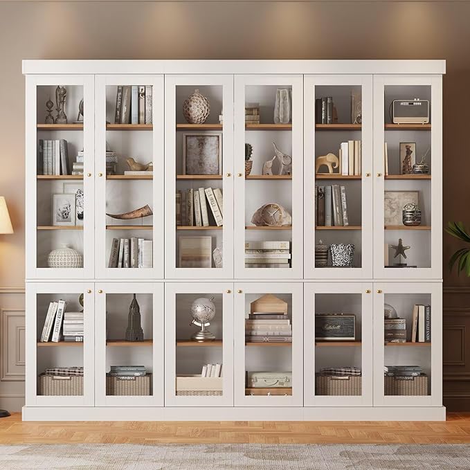 Vyre 70.8" Tall White Bookshelf with Glass Doors, Farmhouse Modular Bookcase with 6-Tier Adjustable Shelves, Large Storage Cabinet for Home Office, Living Room, Set of 3
