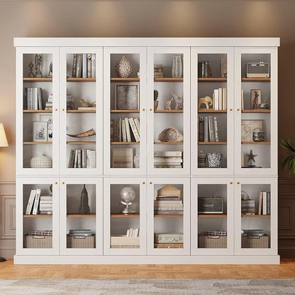 Vyre 70.8" Tall White Bookshelf with Glass Doors, Farmhouse Modular Bookcase with 6-Tier Adjustable Shelves, Large Storage Cabinet for Home Office, Living Room, Set of 3