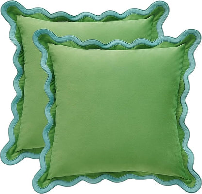 MONDAY MOOSE Decorative Throw Pillow Covers Cushion Cases, Set of 2 Soft Velvet Scalloped Wavy Edge Designs, Pillow Inserts Not Included (Light Blue/Light Green, 20x20 inch)