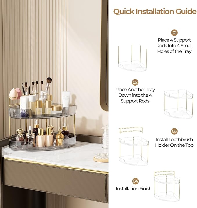 FELIZHOUSE 2-Tier Makeup Organizer for Vanity & Bathroom Countertop – Acrylic Storage Shelf with Perfume Makeup Brush Holder, Tool-Free Installation, Design for Bathroom & Dresser - Grey