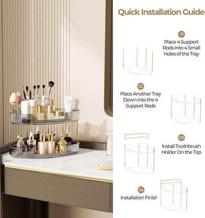 FELIZHOUSE 2-Tier Makeup Organizer for Vanity & Bathroom Countertop – Acrylic Storage Shelf with Perfume Makeup Brush Holder, Tool-Free Installation, Design for Bathroom & Dresser - Grey