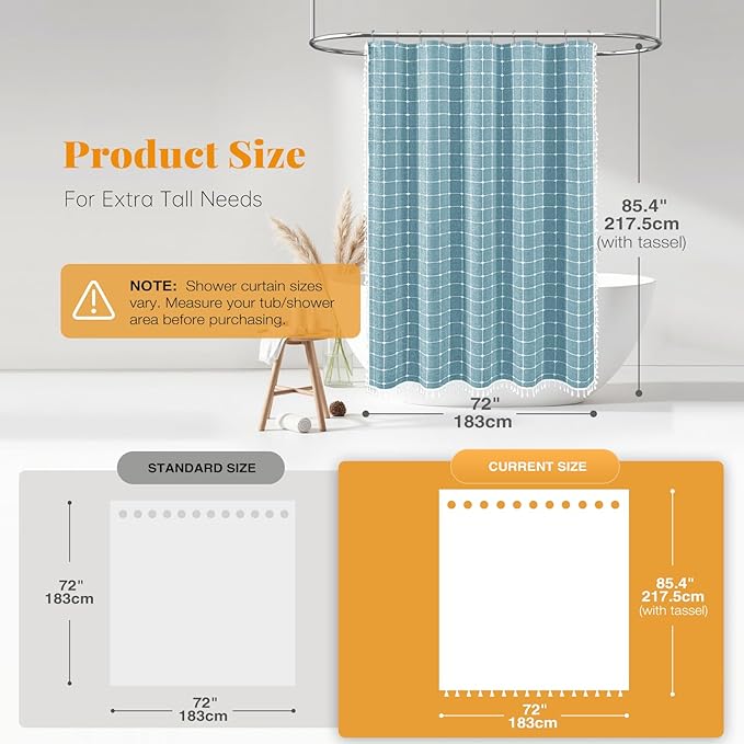 BTTN Extra Long Shower Curtain - 72x84 Inch Long Boho Chic Tassel Linen Fabric Shower Curtain Set with Hooks, Tall Modern Farmhouse Elegant Thick Cloth Shower Curtains for Bathroom - Teal/Turquoise