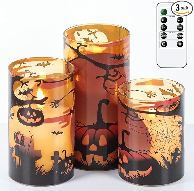 Eldnacele Halloween Flameless Candles with Remote Pumpkin, Spider Web Decal and Castle Decals Battery Operated Real Wax Flickering Glass Pillar Candle for Spooky Halloween Decor 3 Pack