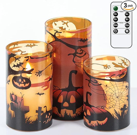 Eldnacele Halloween Flameless Candles with Remote Pumpkin, Spider Web Decal and Castle Decals Battery Operated Real Wax Flickering Glass Pillar Candle for Spooky Halloween Decor 3 Pack