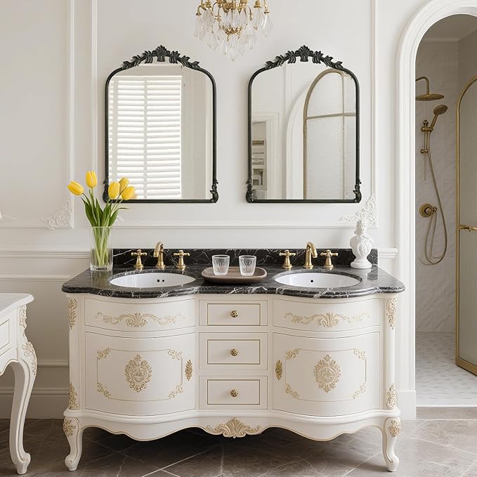 WallBeyond Black Antique Mirror for Vanity 22x30 Inch, Black Vintage Mirror with Ornate Frame, Arched Vintage Wall for Bathroom, Living Room, Fireplace