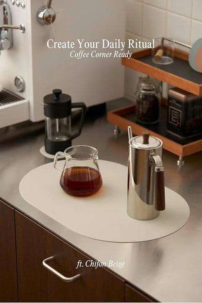 Chifon Beige Oval Silicone Placemats Set of 4 – Heat Resistant, Waterproof, Easy to Clean Non-Slip Modern Dining Table Mats – Premium Leather Textured Japandi Kitchen Decor (Grey Beige)