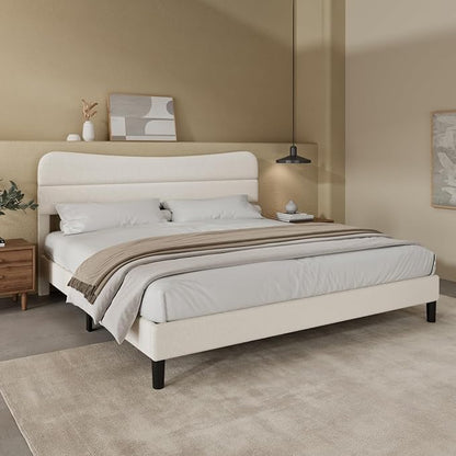King Size Bed Frame, Upholstered King Bed Frame and Headboard, Teddy Soft Boucle Fabric bedframe King Size, Soft Cloud Marshmallow Shape Upholstered Headboard, No Box Spring Needed, Noise Free (White)