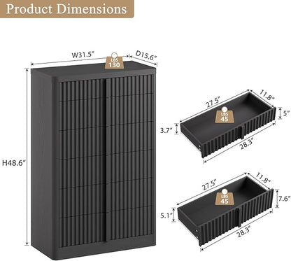 Fluted Dresser for Bedroom, 48" Tall 6 Drawer Dresser, Modern Chest of Drawers with Solid Wood Handle, Curved Profile Design, Wood Dressers Storage Organizer, Living Room, Hallway, Black