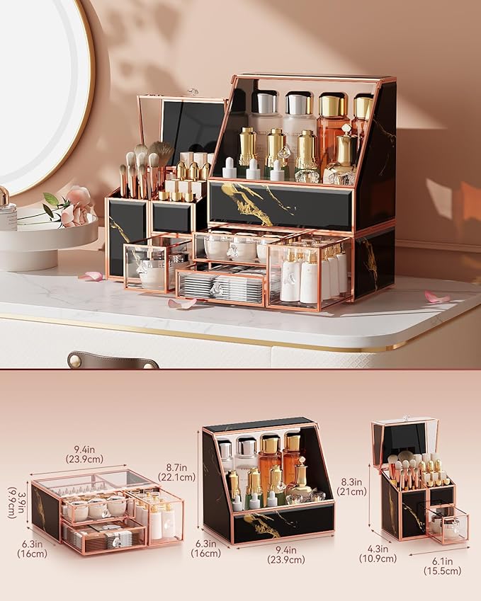 Makeup Organizer Black,Glass Vanity Organizer for Skincare, Perfume, Brushes & Lipsticks – Countertop Makeup Storage Box for Women, Bathroom or Dresser