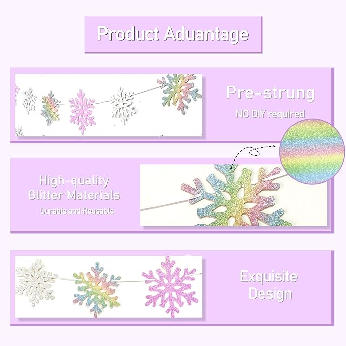 2Pack Silver and Purple Snowflake Garland Winter Wondeland Decorations, Glitter Snowflake Banner for Girl/Women Frozen Birthday Party Decorations and Christmas Baby Shower Party Supplies.
