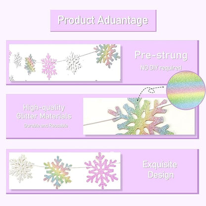 2Pack Silver and Purple Snowflake Garland Winter Wondeland Decorations, Glitter Snowflake Banner for Girl/Women Frozen Birthday Party Decorations and Christmas Baby Shower Party Supplies.