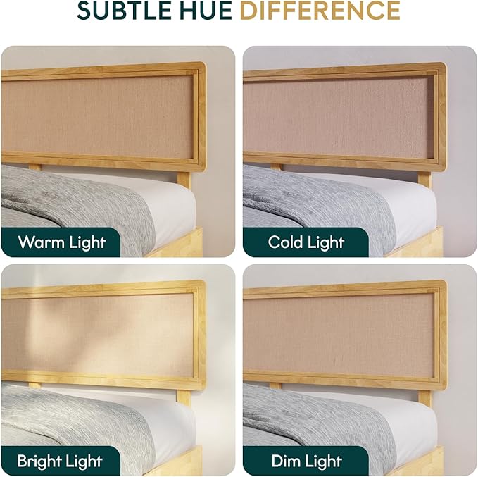 Bme Nipe Bed Frame with Headboard, Bohemian and Mid-Century Modern Style, Solid Rubber Wood Platform Bed with Slat Support, No Box Spring Needed, Easy Assembly, Queen - Light Natural